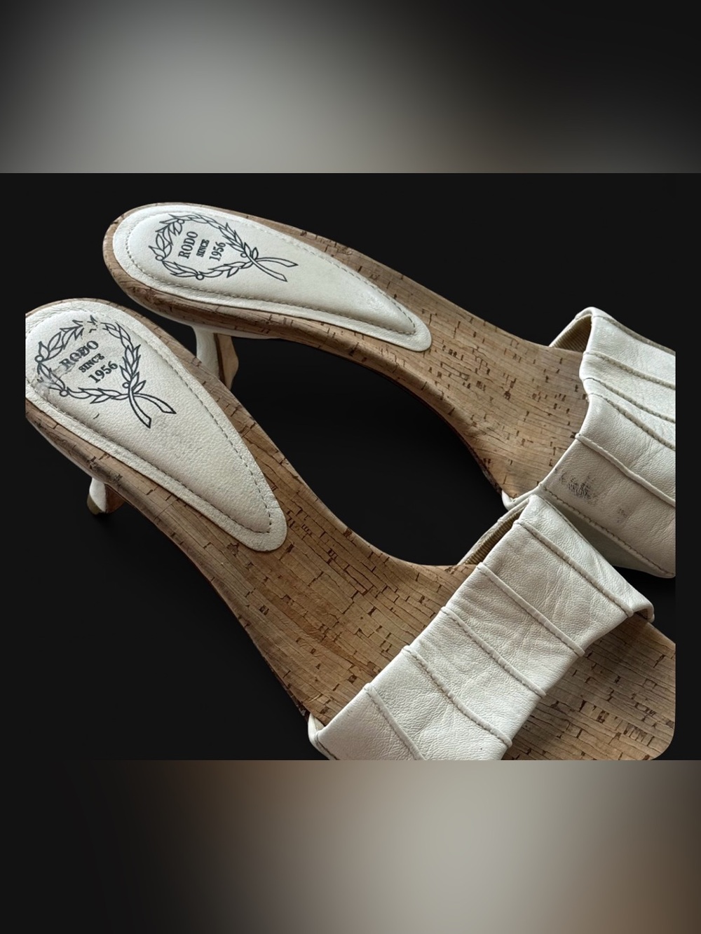 RODO Italy off White Leather Cork Slide Sandals Kitten Heel Mules EU 39 US 8.5
